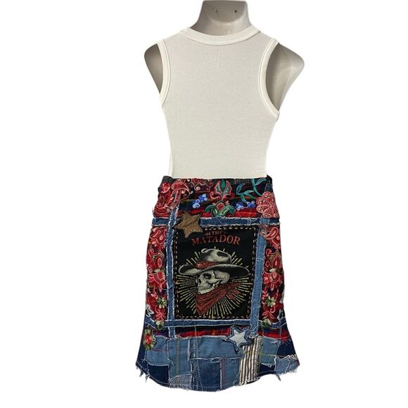 Upcycled Flannel Shirt Shacket Womens Large Skull Cowboy Jacket Grunge Patchwork - Picture 11 of 15